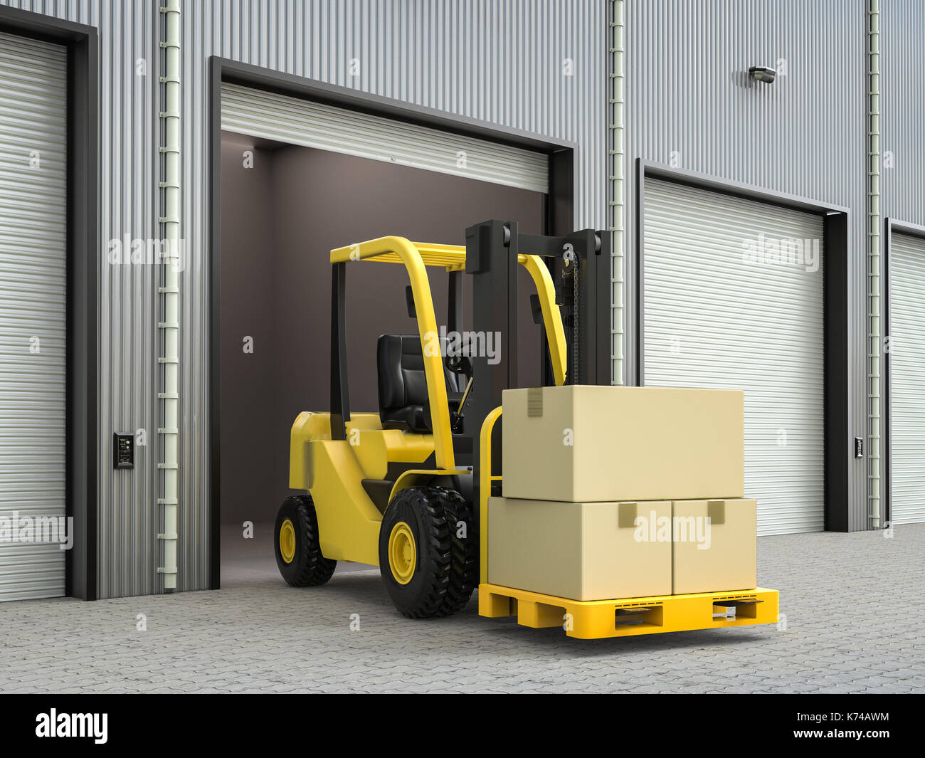 3d rendering forklift truck with boxes in warehouse Stock Photo - Alamy