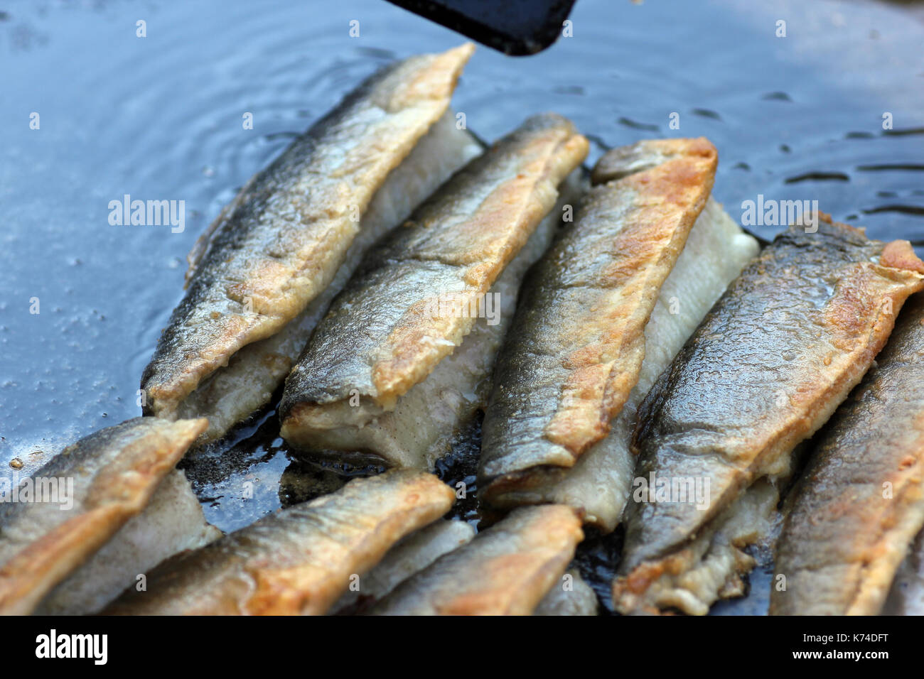 Bratheringe frisch zubereitet in öl schwimmend, Fried herring prepared fresh floating in oil Stock Photo