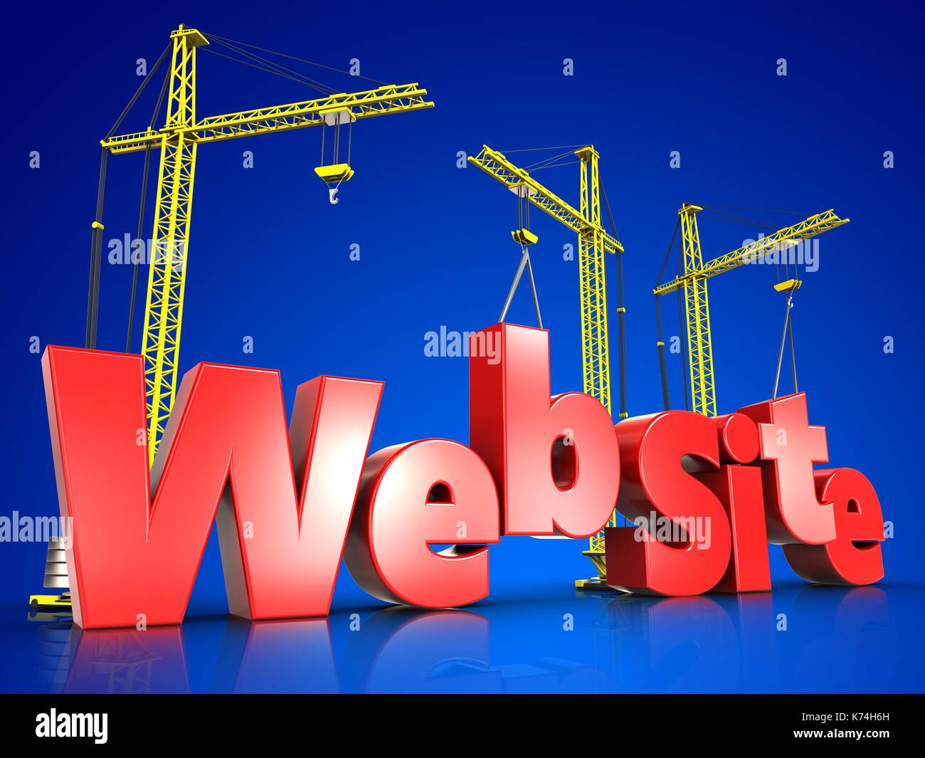 3d illustration of web site development sign with three cranes over ...