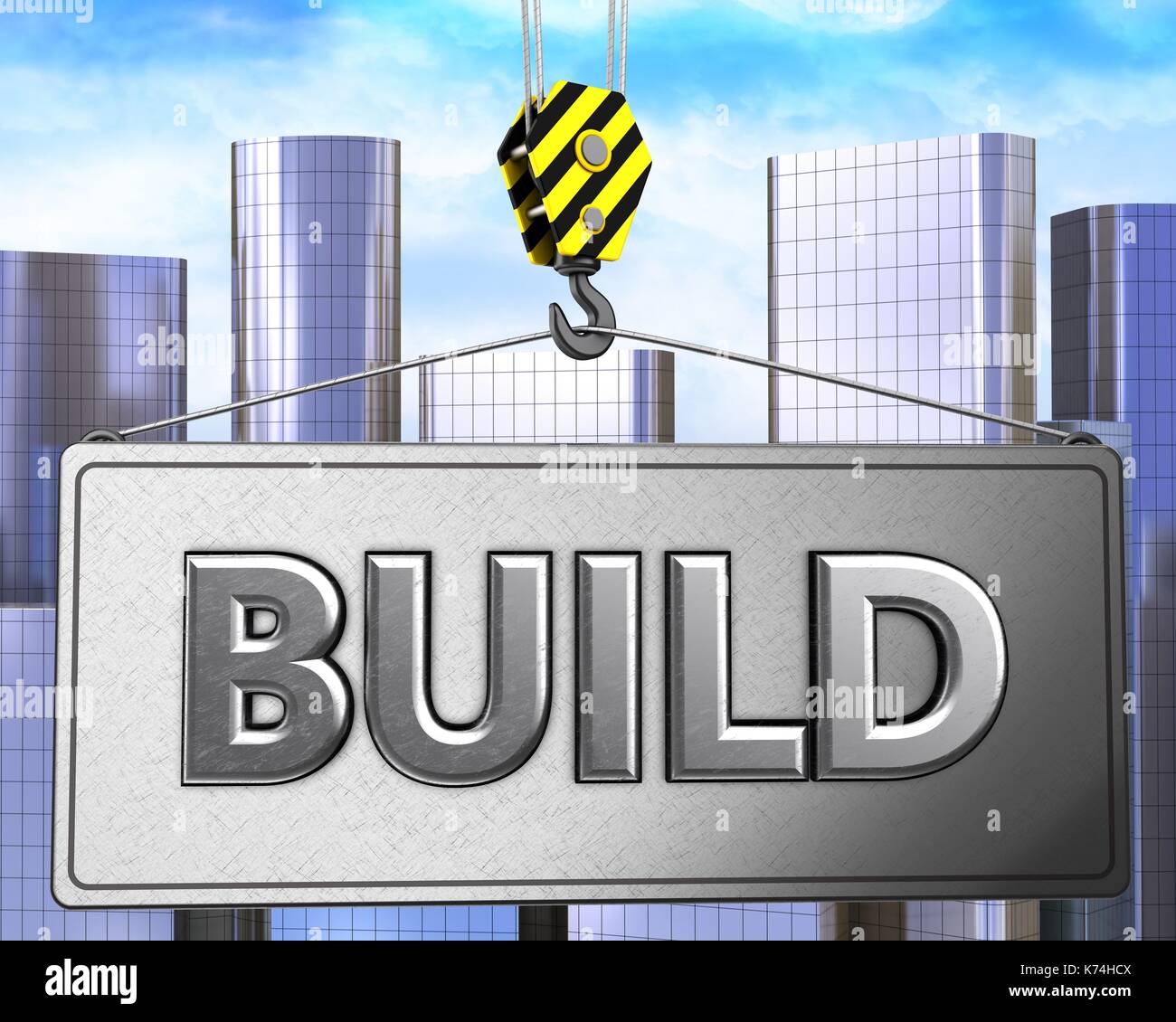 3d illustration of build sign with crane hook over city background ...