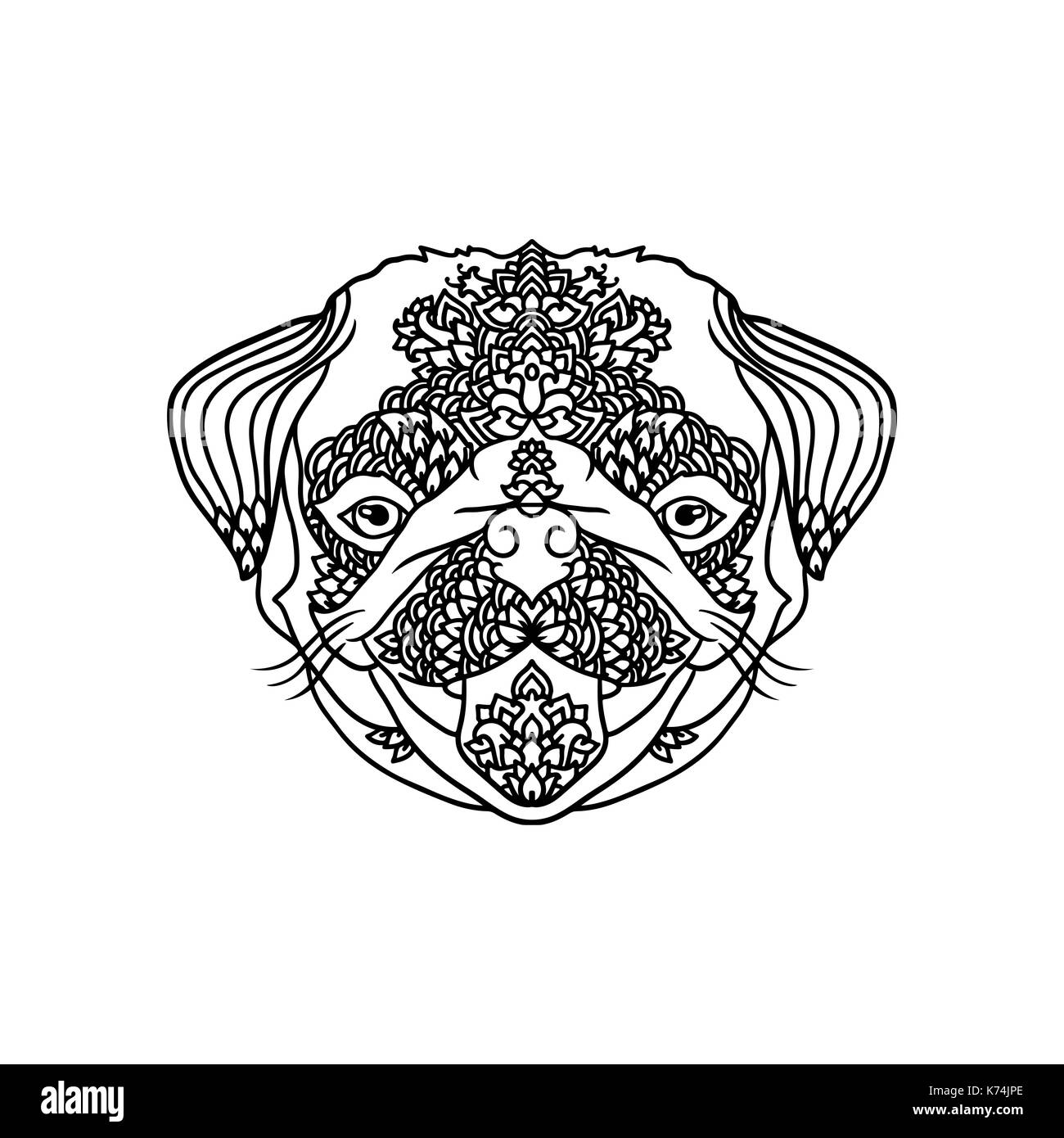 Black and wite pug with ethnic floral ornaments for adult coloring book. Zentagle pattern. Vector doodle illustration. Portrait of a cute pet. Stock Vector
