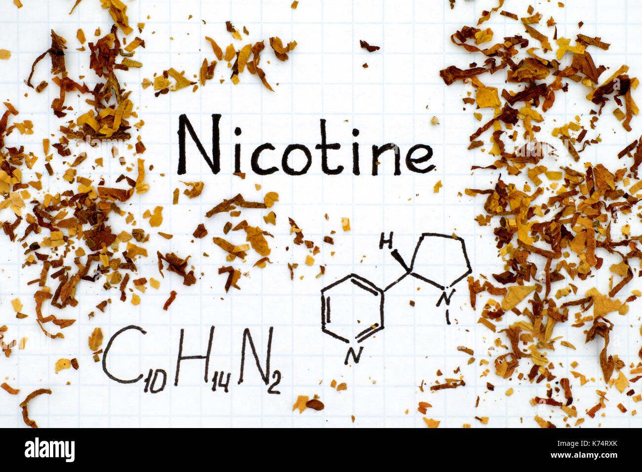 tobacco formula Chemical formula of Nicotine with spilled tobacco. Close-up Stock Photo