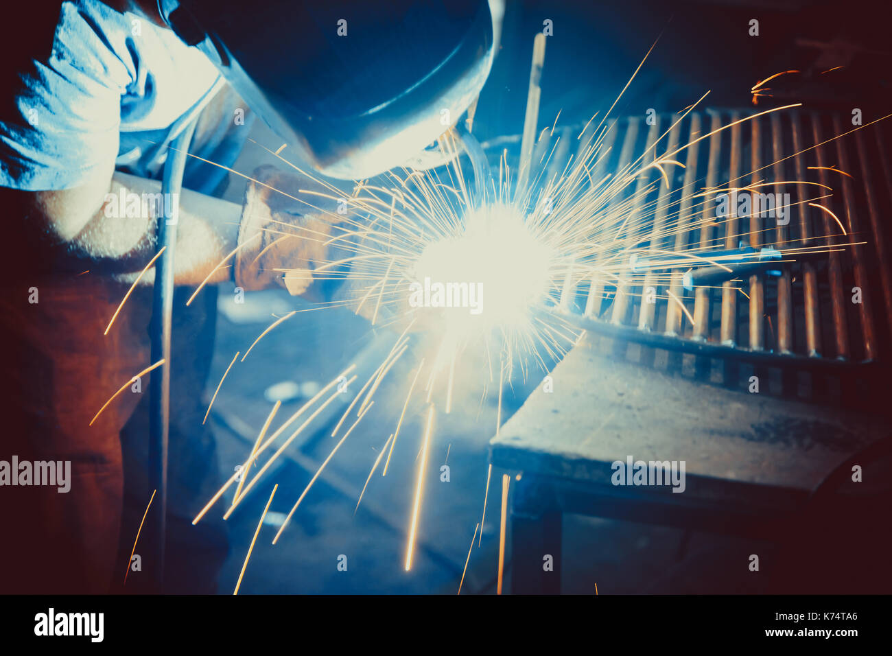 Welding Work. Erecting Technical Steel Industrial Steel Welder In Factory. Craftsman. Stock Photo