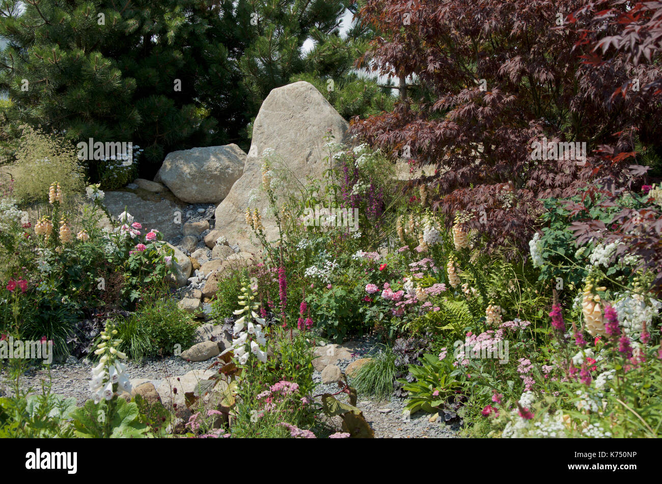 The Oregon Garden, a rocky outcrop garden, at RHS Hampton Court Palace Flower Show, London Stock Photo
