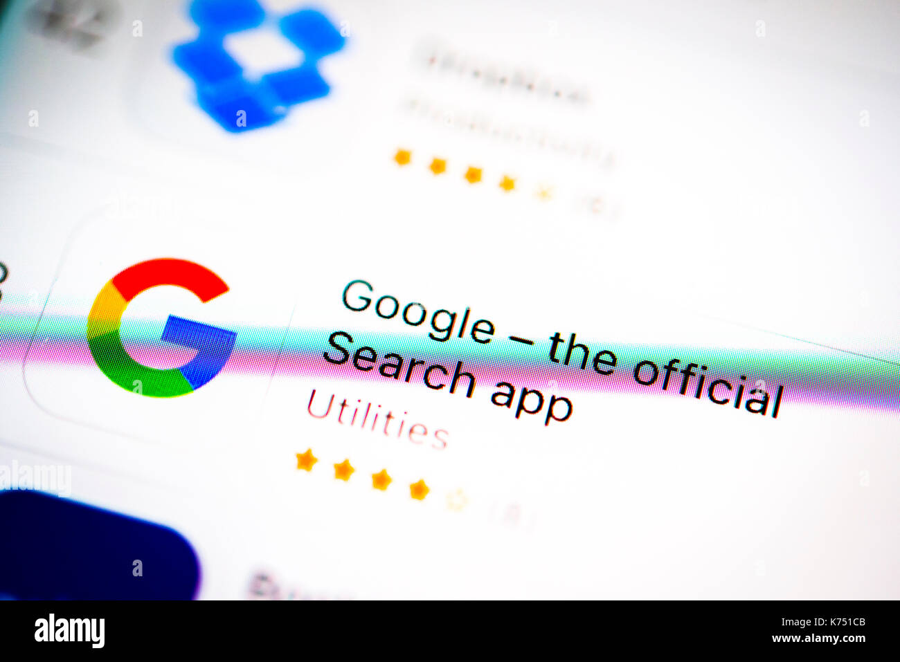 Google search app in the Apple App Store, display on a screen of a mobile phone, iPhone, iOS, smartphone, macro recording Stock Photo