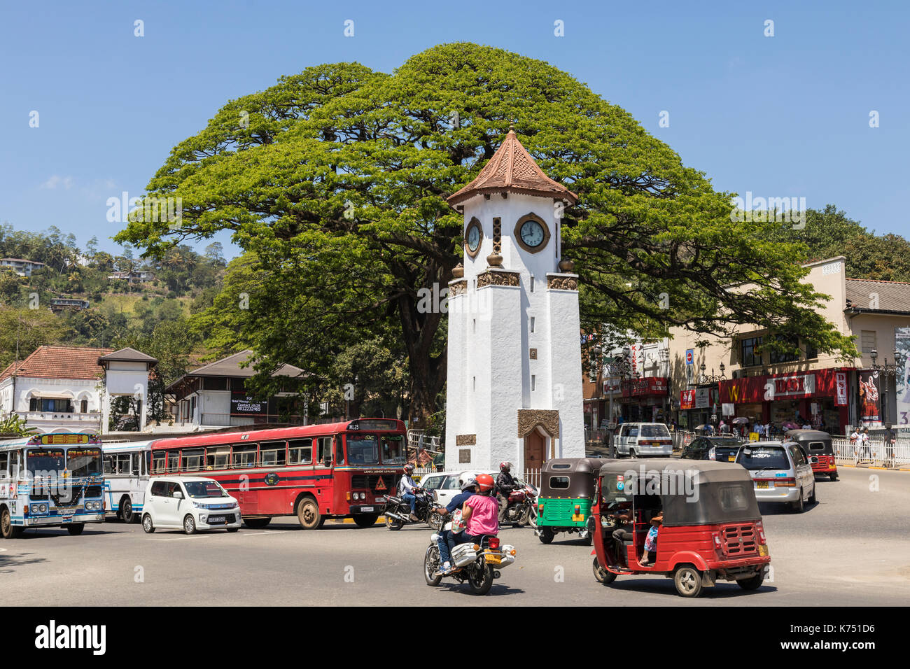 Kandy, Sri Lanka February 12, 2017 City traffic, Clock tower in