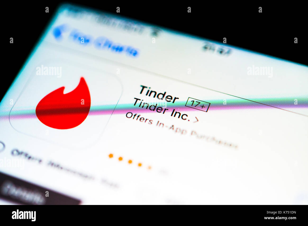 Tinder, Dating App in the Apple App Store, Mobile Game, Virtual Reality, Game, App-Icon, Display on a screen of a mobile phone Stock Photo