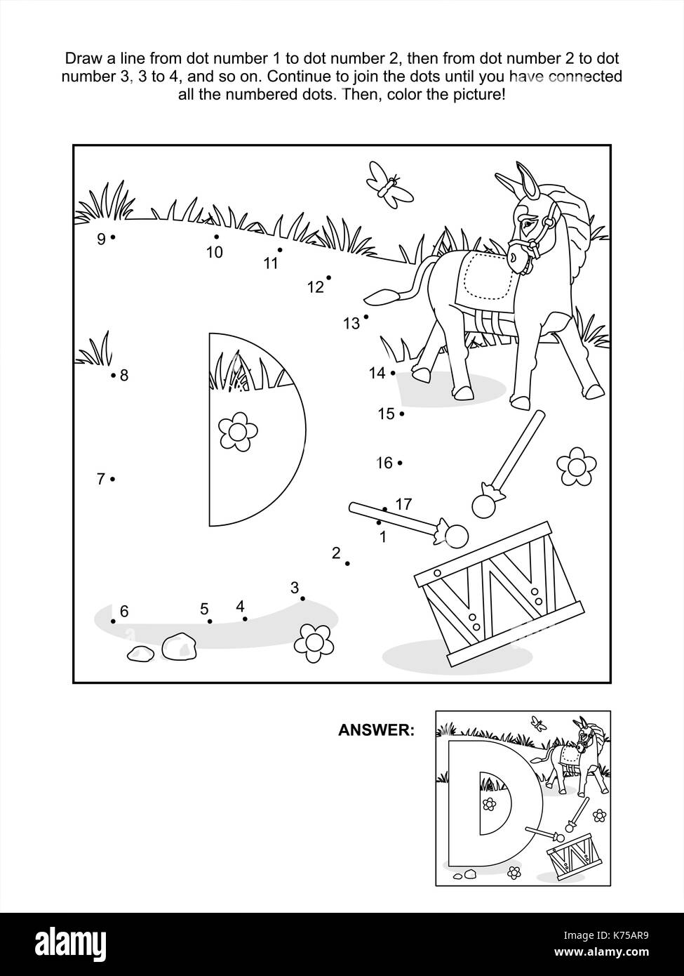 Educational Connect The Dots Picture Puzzle And Coloring Page Letter D Donkey And Drum Answer Included Stock Vector Image Art Alamy