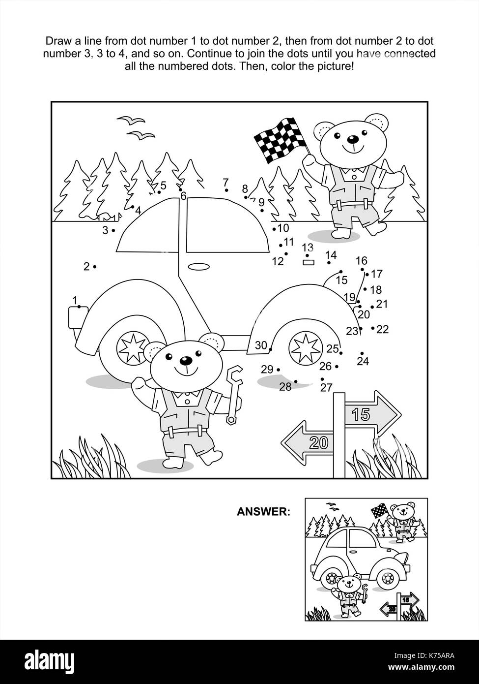 Connect the dots picture puzzle and coloring page with toy classic car