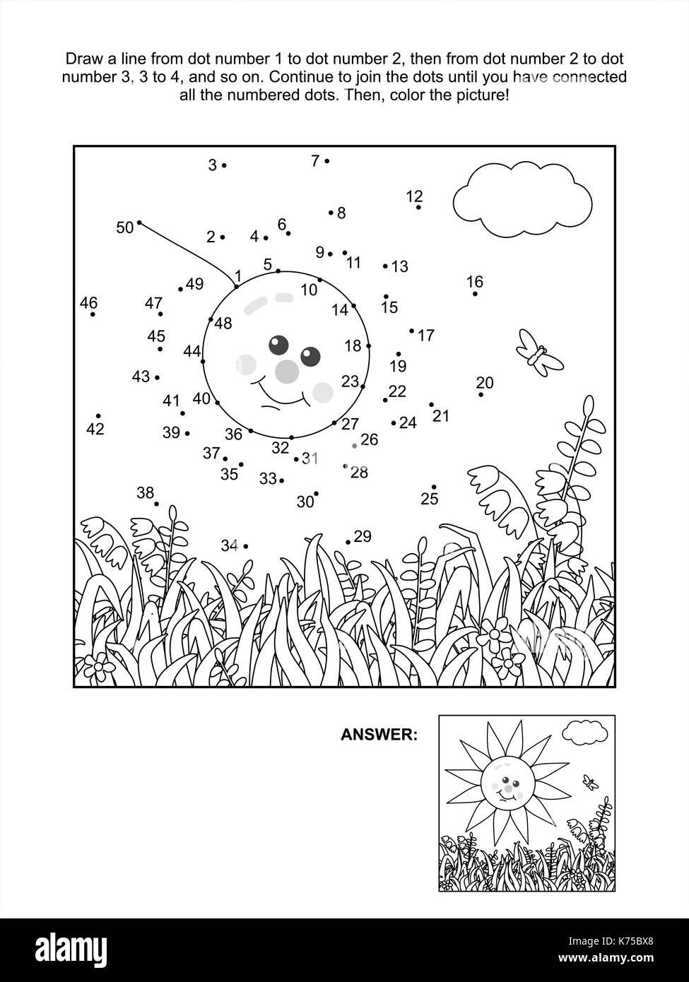Connect the dots picture puzzle and coloring page with sun, grass and flowers. Answer included. Stock Vector