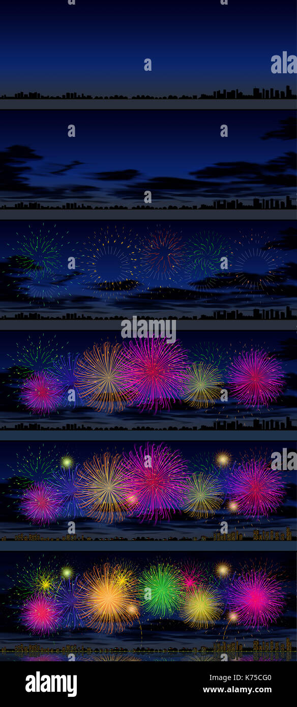 Digital illustration process in 6 steps of a night landscape with fireworks over a city reflected in the water Stock Photo
