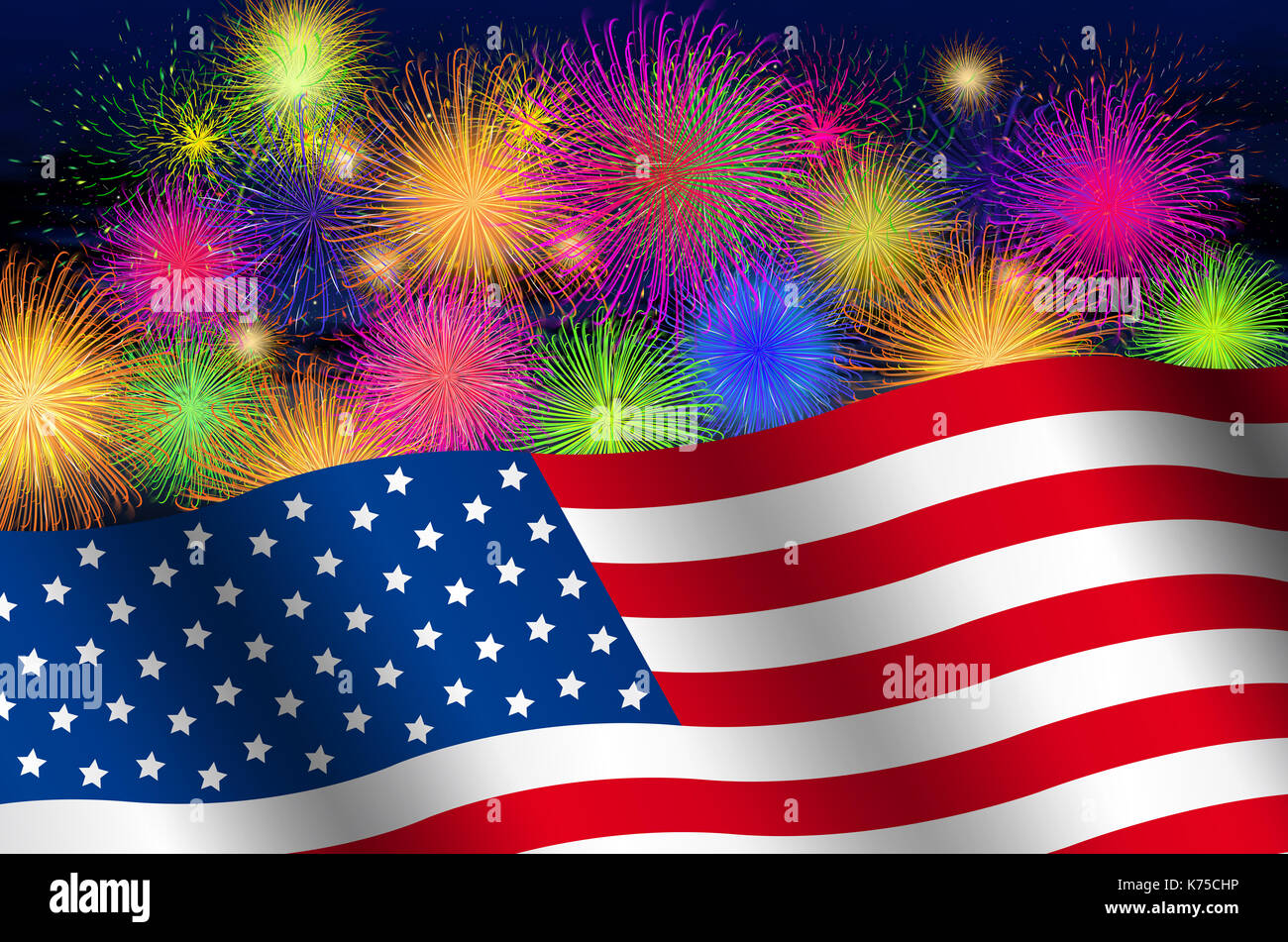 Digital illustration of the flag of United States of America on a background of a night sky with fireworks Stock Photo