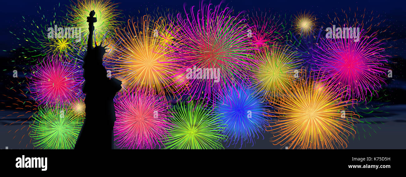 Digital illustration of black silhouette of the Statue of Liberty on a night with fireworks Stock Photo