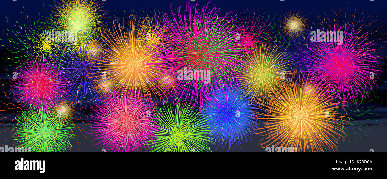 Digital illustration of background of a night with multicolored fireworks Stock Photo