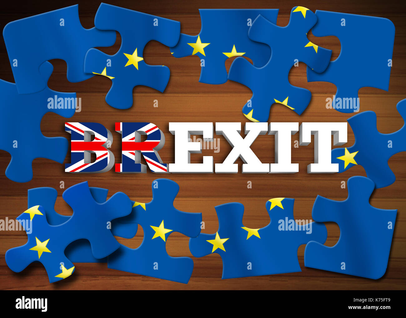 Brexit - Word breaking puzzle flag of the European Union on wooden background Stock Photo