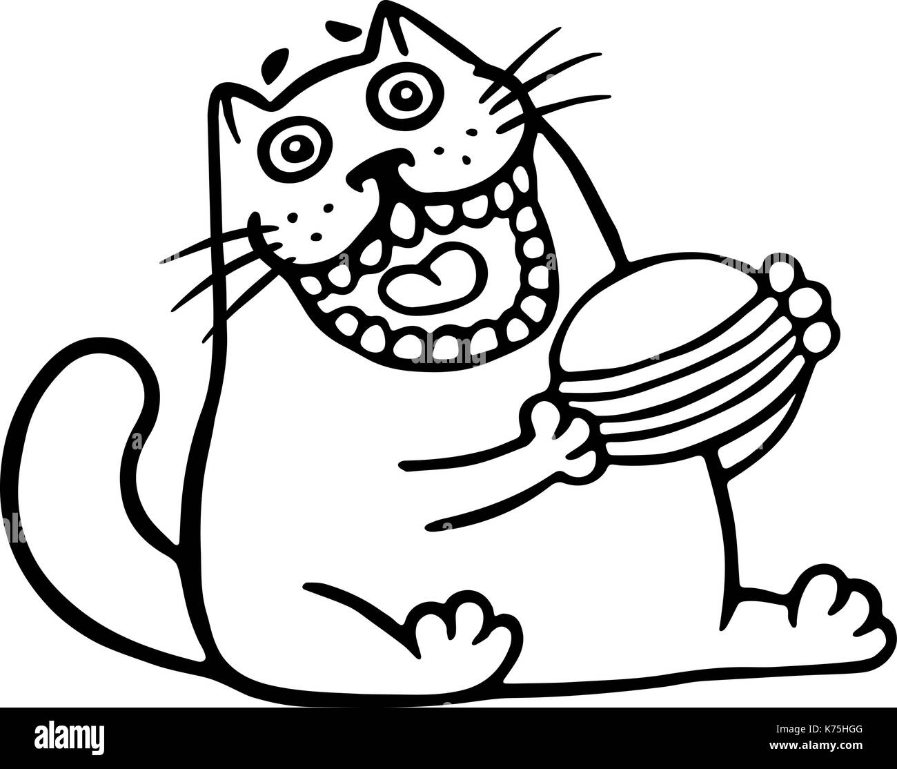 The cat is eating a hamburger. Funny cartoon cool character. Contour freehand digital drawing cute cat. White color background. Cheerful pet for web i Stock Vector
