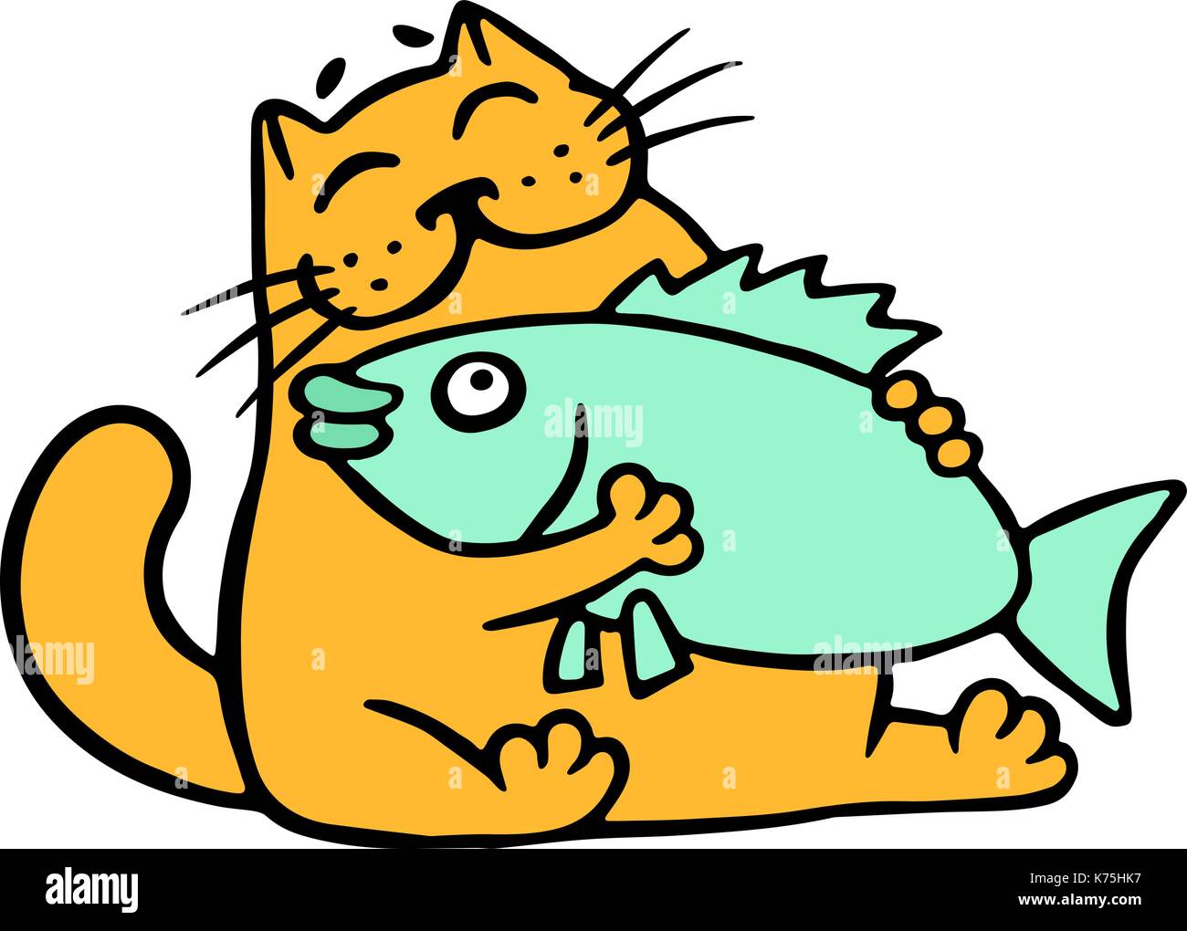 Cute orange cat hugging big fish. Funny cartoon cool character. Cheerful pet. Vector