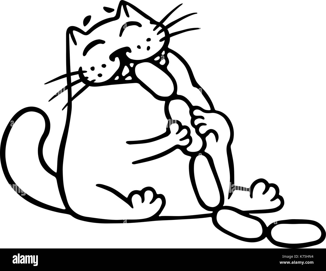 The cat eats sausages. Funny cartoon cool character. Contour freehand digital drawing cute cat. White color background. Cheerful pet for web icons and Stock Vector