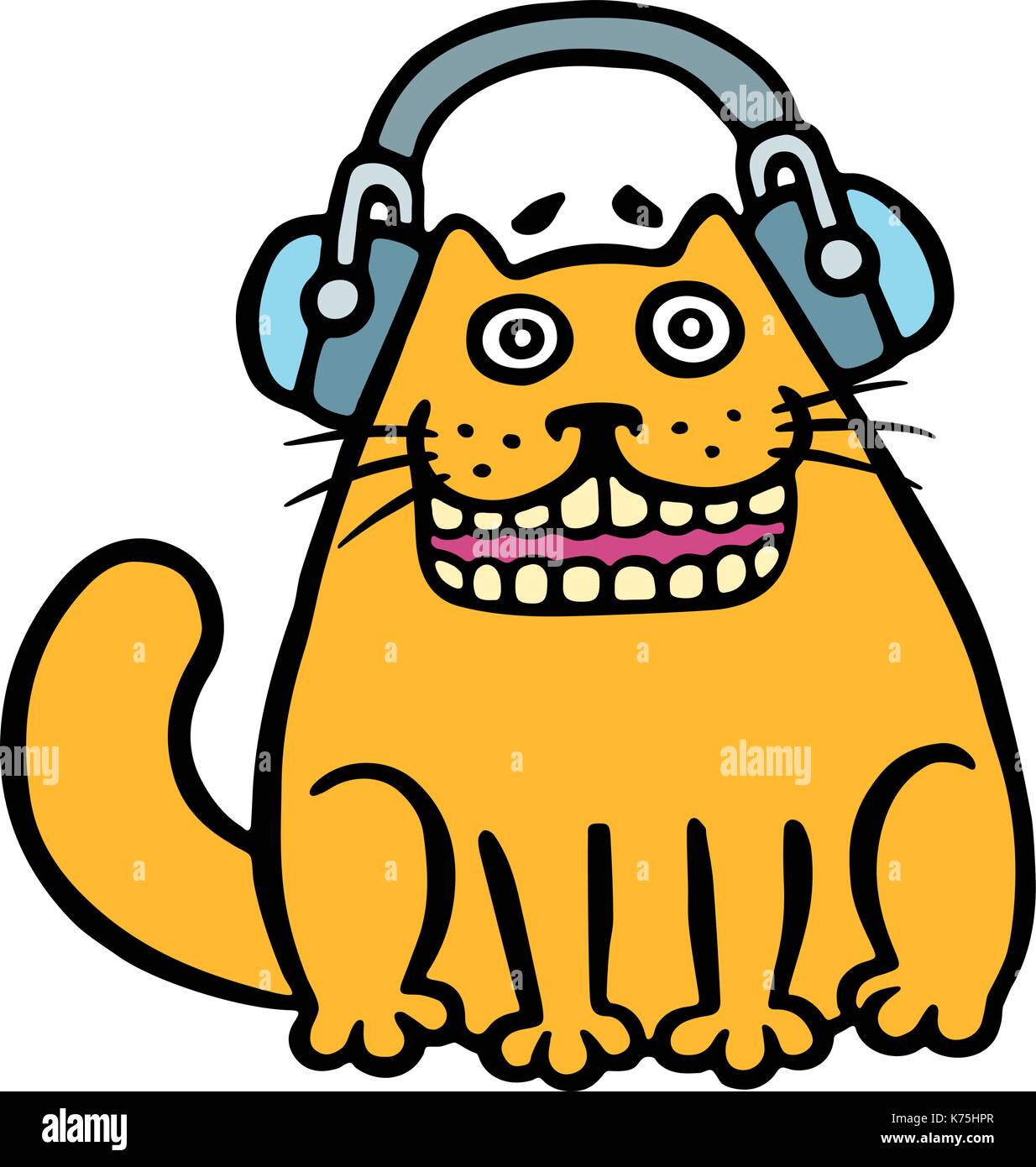Cheerful Orange Cat In Headphones Listening To Music Vector Illustration Cartoon Character Contour Funny Cat White Color Background Stock Vector Image Art Alamy