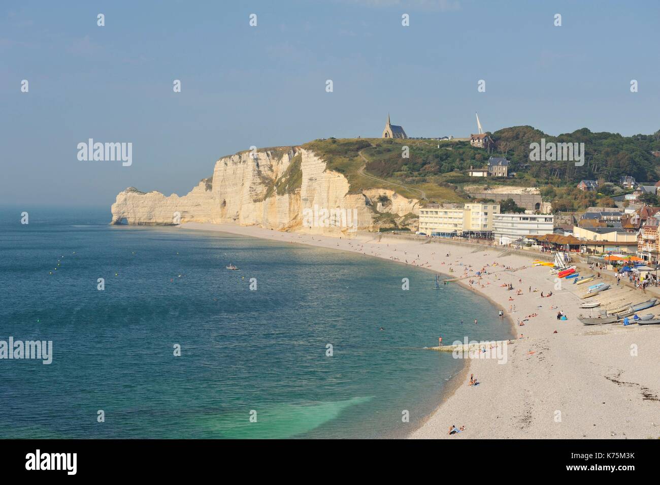 France, Seine Maritime, Etretat, Pebble beach and cliff of Amont ...