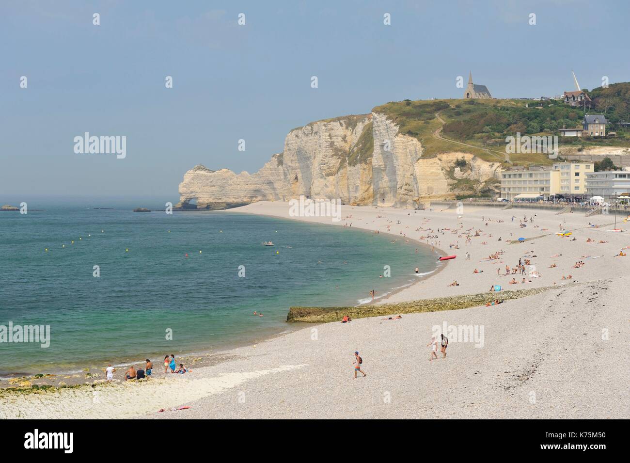 France, Seine Maritime, Etretat, Pebble beach and cliff of Amont ...