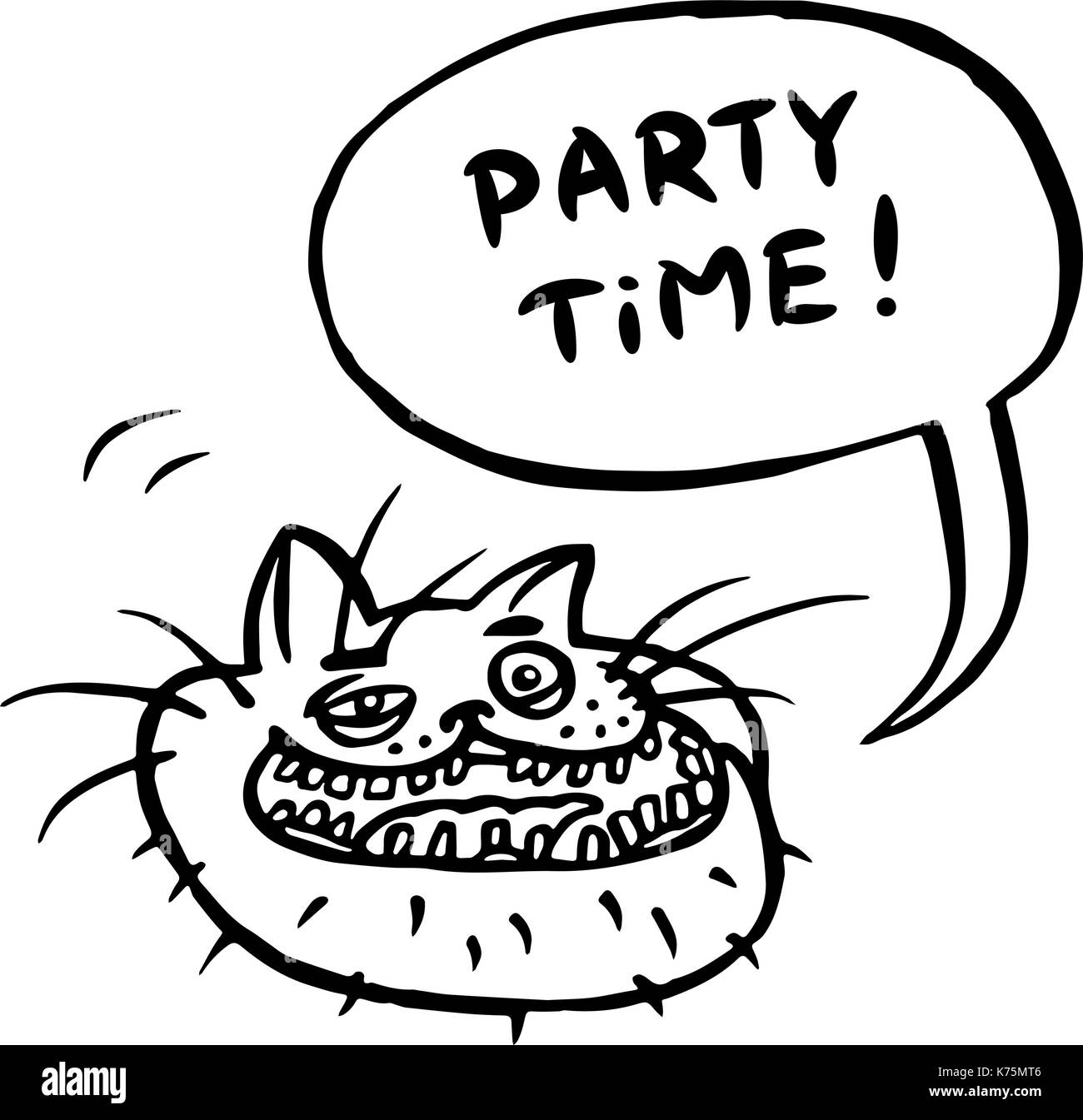 Party Time! Cartoon Cat Head. Speech Bubble. Vector Illustration. Funny cool emoticon character. Contour freehand digital drawing cute character. Chee Stock Vector