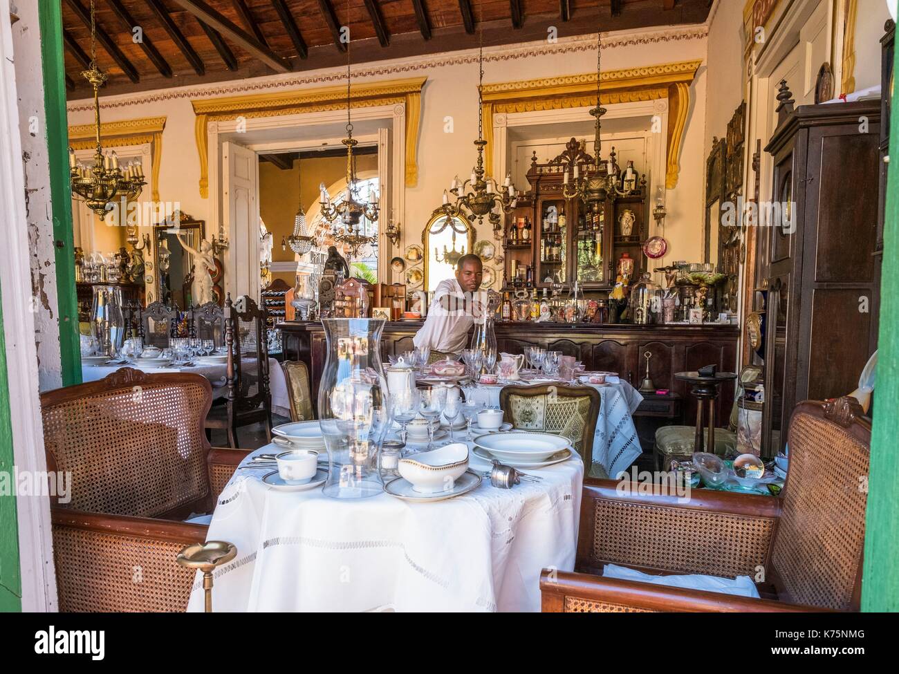 Cuba, Sancti Spiritus province, Trinidad, historic centre with colonial architecture (UNESCO World Heritage site), the restaurant-museum Quince Catorce (1514) is one of the oldest houses in Trinidad Stock Photo