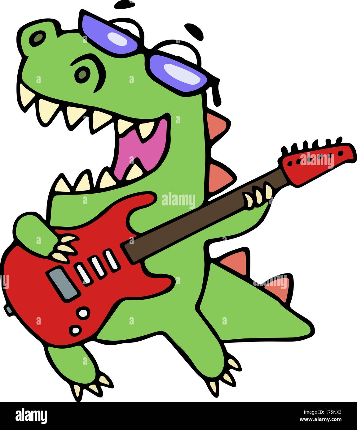 Rock star dinosaur playing the electric guitar . Vector illustration. Glasses on a separate layer. Stock Vector