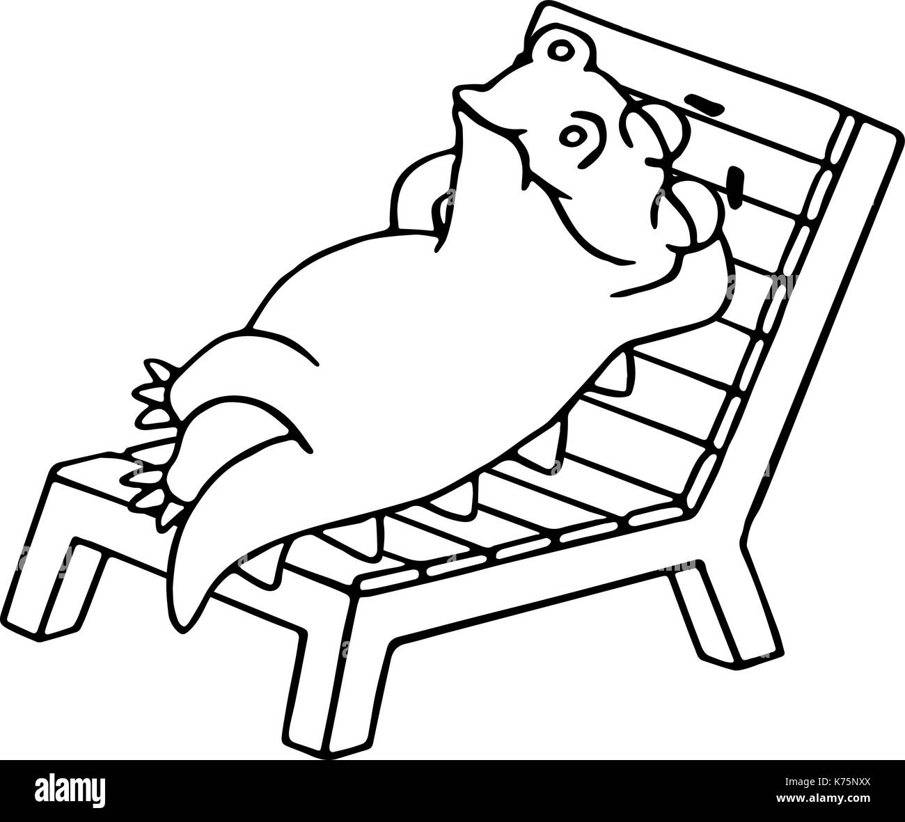 Dinosaur lays on a deck-chair. Vector illustration. Funny imaginary character. Chair on a separate layer. Stock Vector
