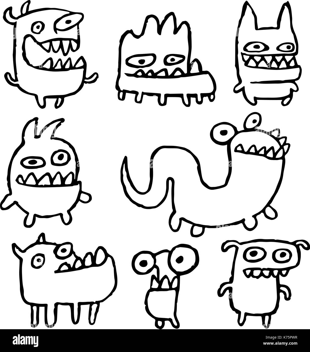 Funny Outline Monsters in Different Shapes in Black White Colors Vector  Illustration. Cartoon Cool Isolated Characters Freehand Digital Drawing  Cute S Stock Vector Image & Art - Alamy