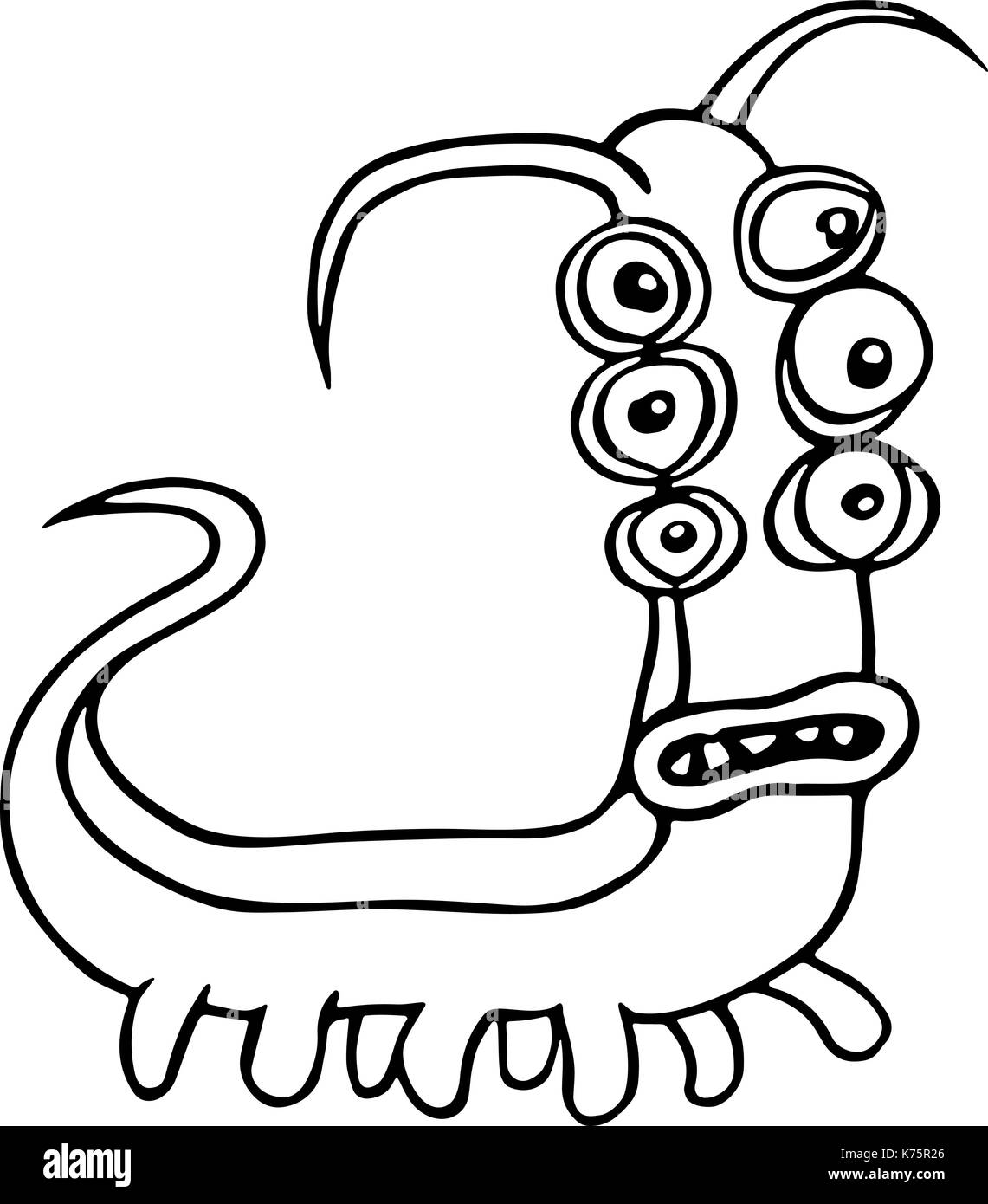 Monster six-eyed centipede. Funny cartoon character. Vector illustration. Stock Vector
