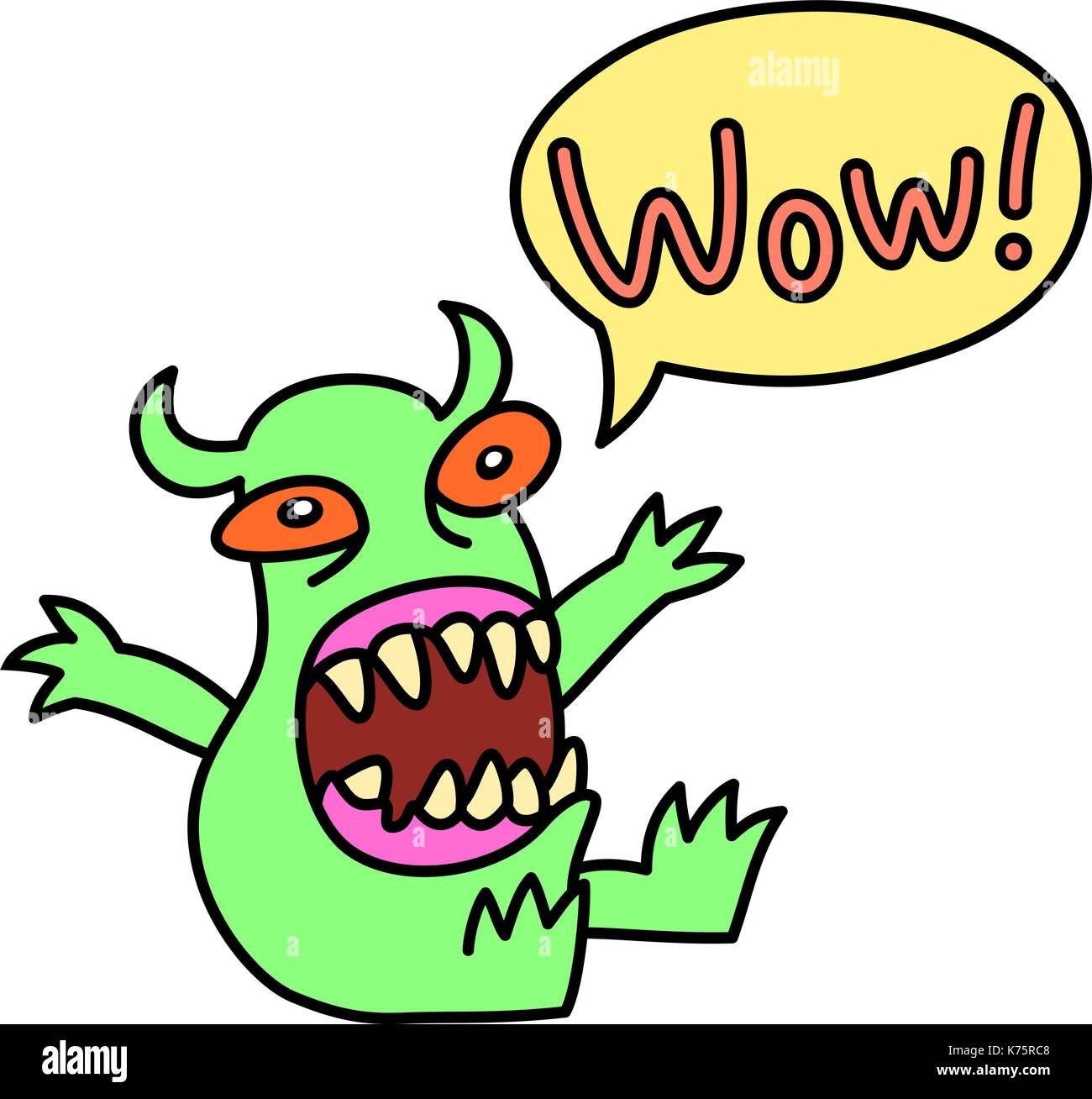 Wow! Cartoon monster screaming. Speech Bubble. Vector illustration. Funny cute emoticon character. Stock Vector
