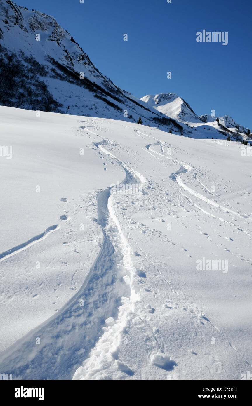 Ski tracks in mountains Stock Photo