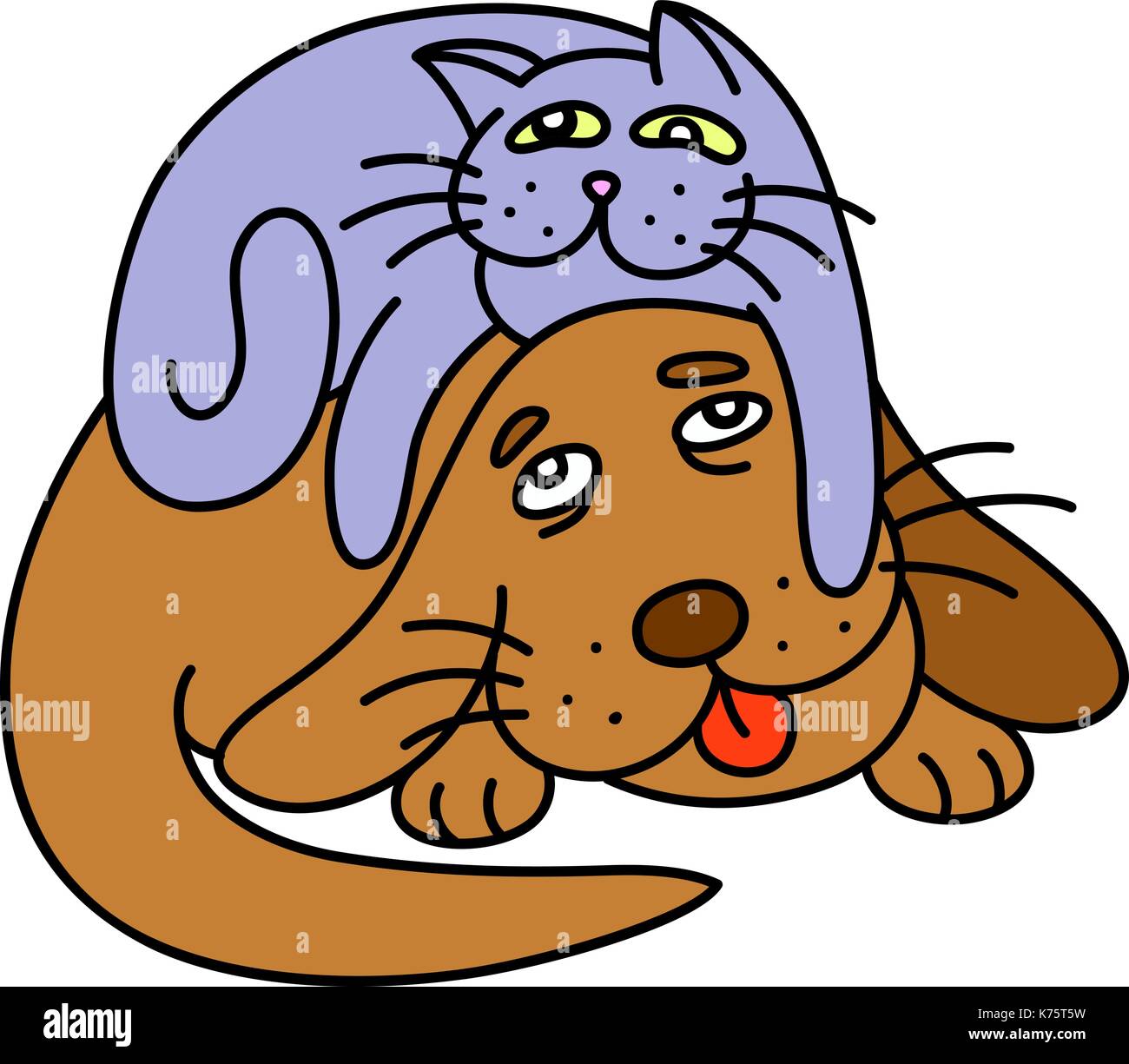 funny cat laying on the dog. vector illustration. Stock Vector