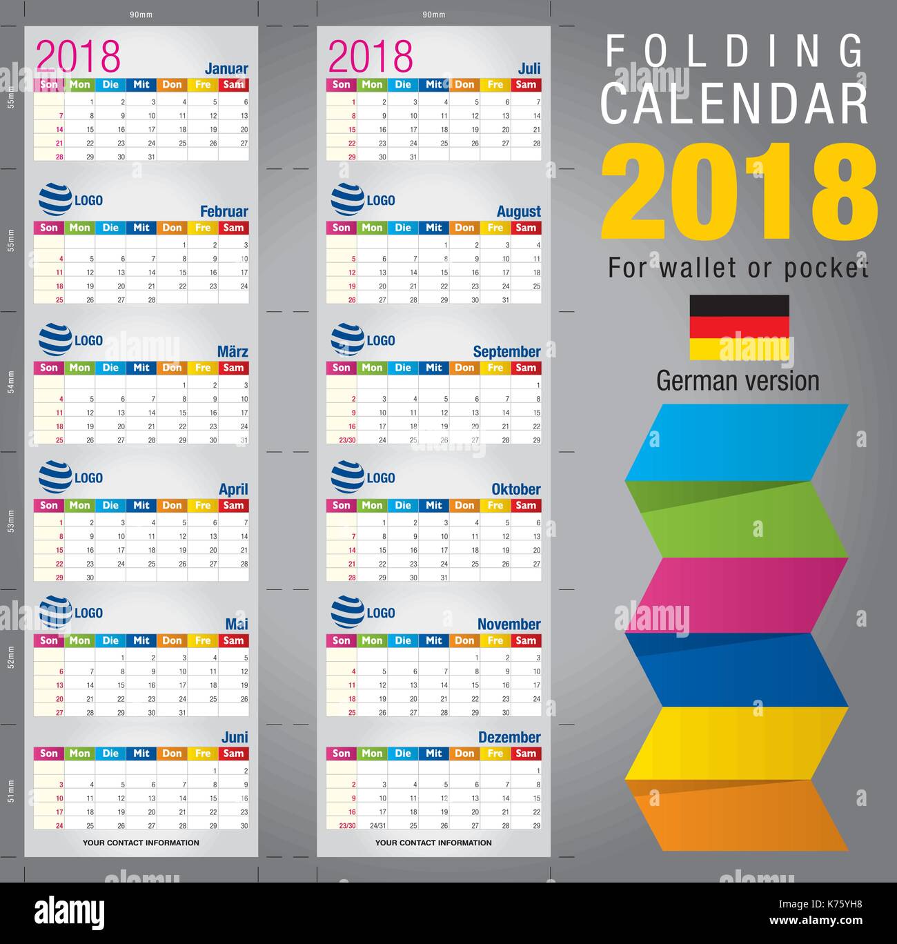 Useful foldable calendar 2018, colorful template. Open size: 90mm x ...