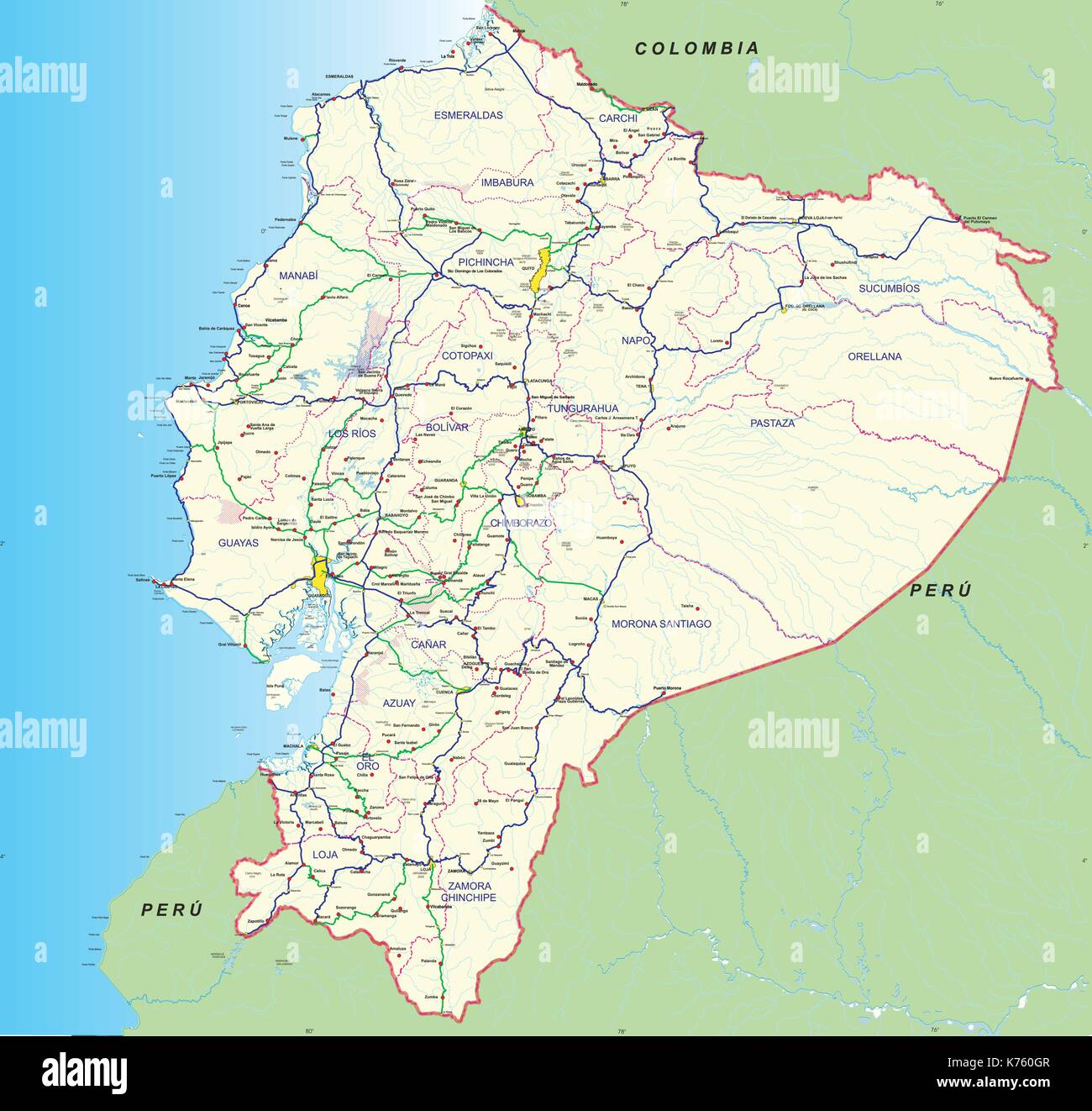 Road and hydro graphical map of Ecuador with the main roads, provincial boundaries, provincial capitals and main cities names - Year 2004 - Vector Stock Vector