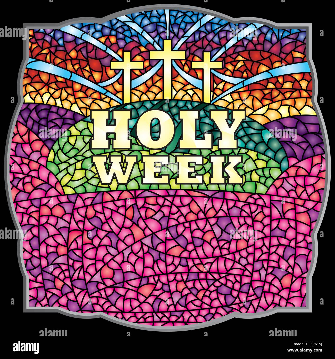 Holy Week in stained glass with the theme of the crucifixion of Christ with black frame, Bible lettering - Vector image Stock Vector