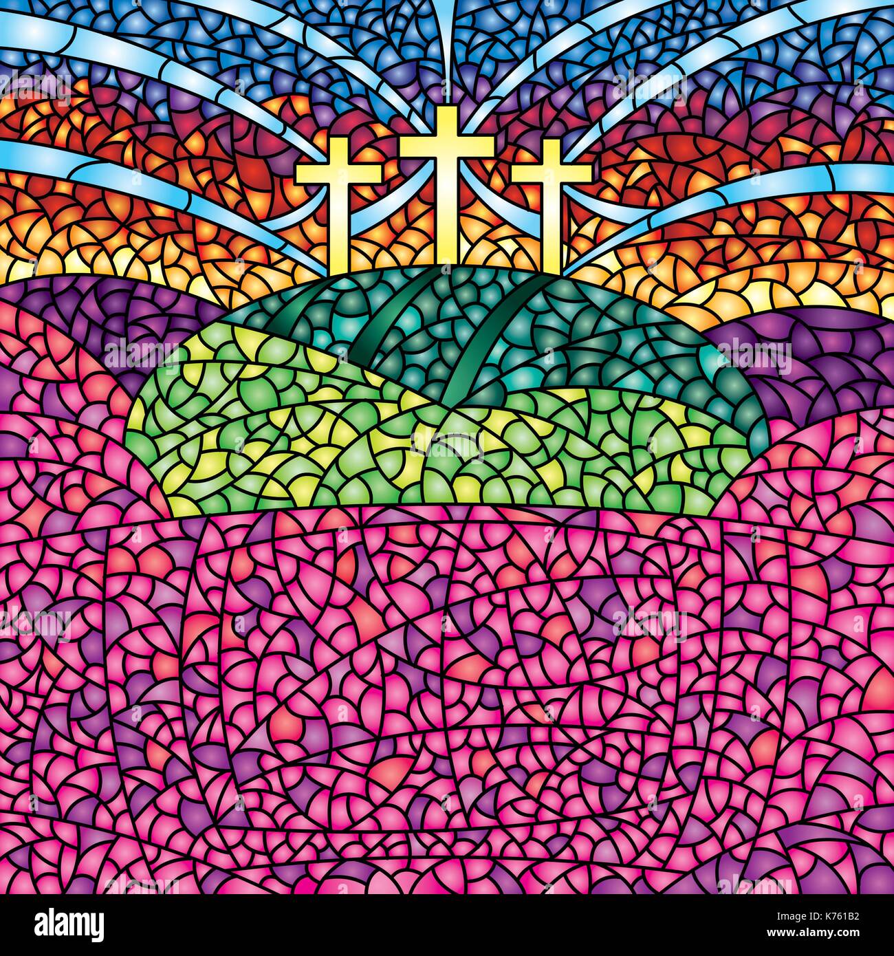 Colorful stained glass with the theme of the crucifixion of Christ - Vector image Stock Vector