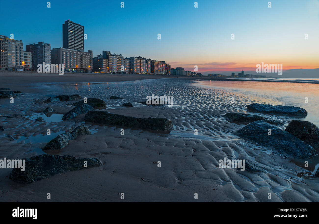 Cityscape of Ostend city at sunset with its North Sea beach, West Flanders, Belgium. Stock Photo