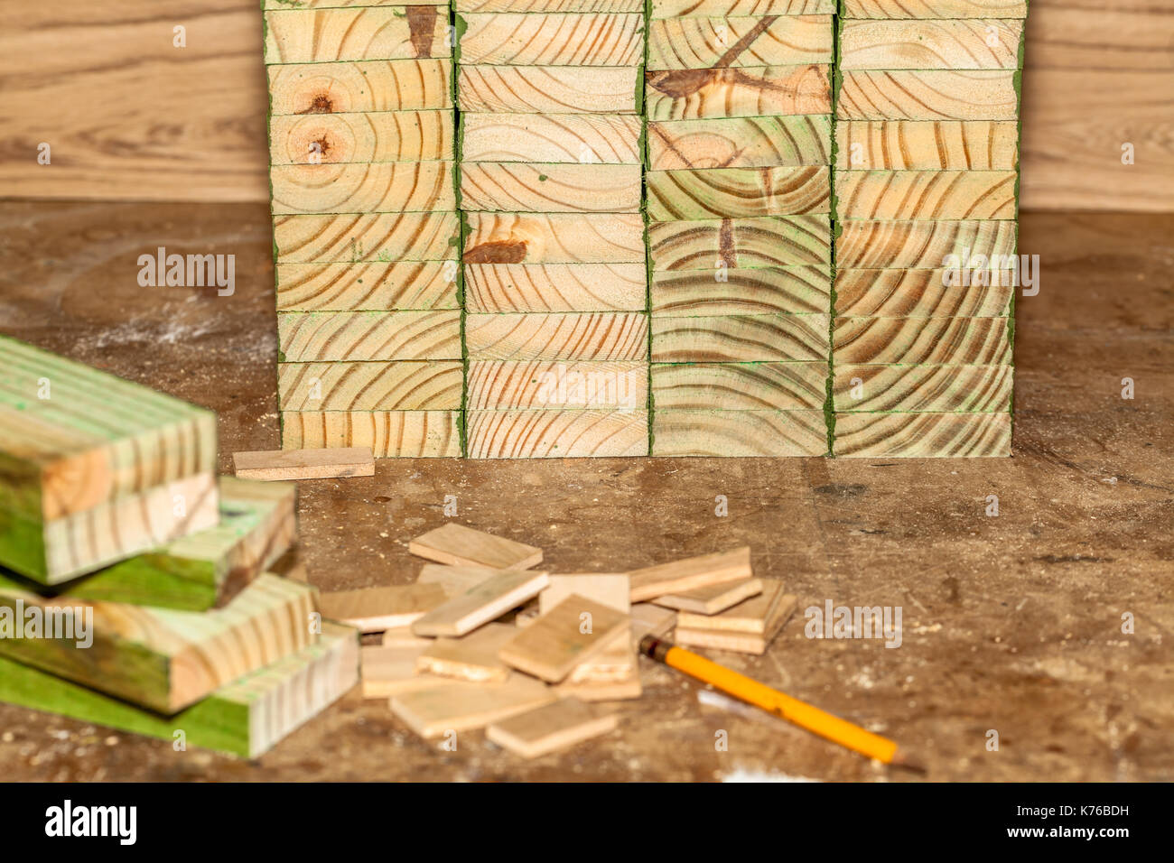 Impregnated wooden panels, tools , carpentry wood product Stock Photo