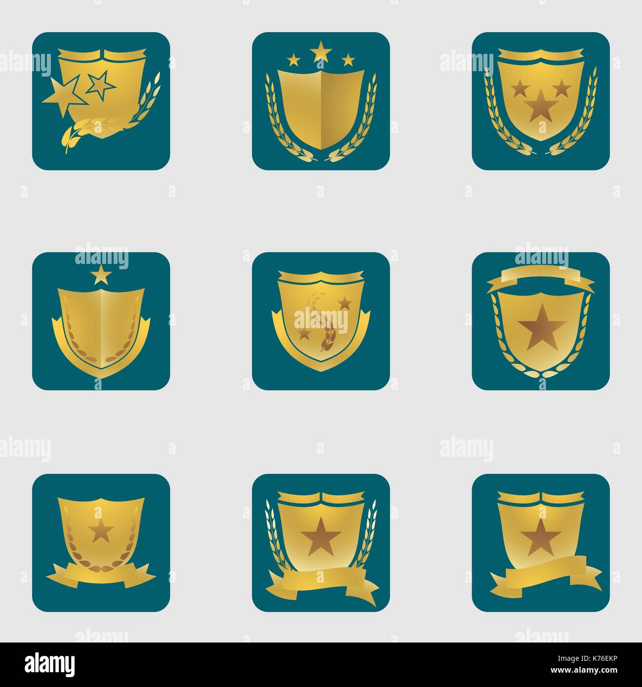 Vector illustration of different shield shaped emblems decorated with branches and stars. Stock Vector