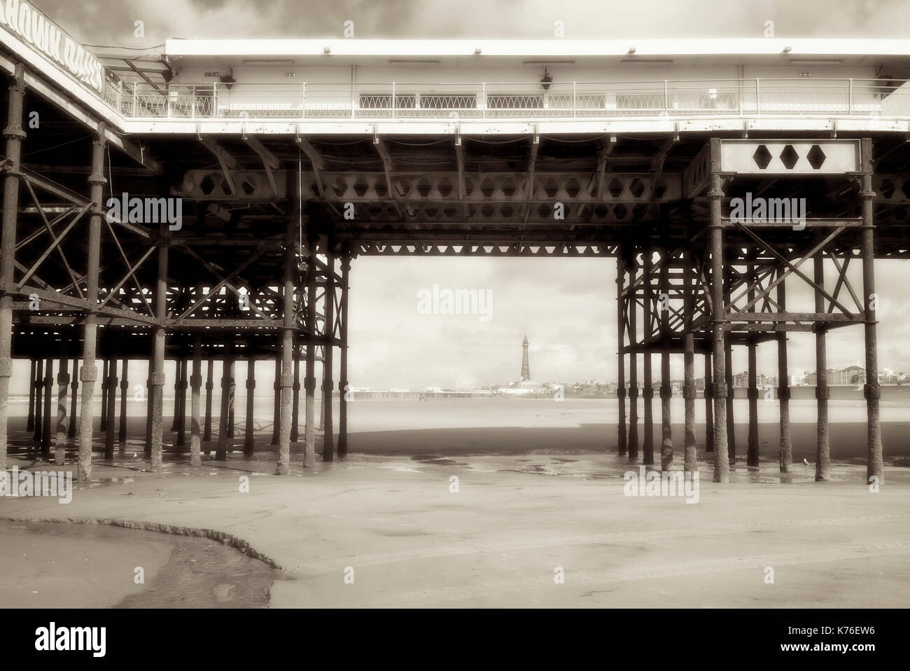 View of central Pier and the tower form underneath South Pier,Blackpool,Lancashire,UK Stock Photo