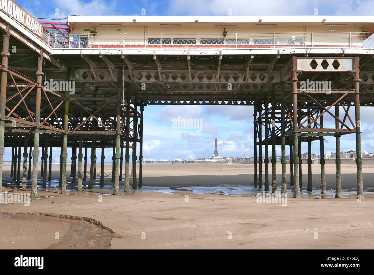 View of central Pier and the tower form underneath South Pier,Blackpool,Lancashire,UK Stock Photo