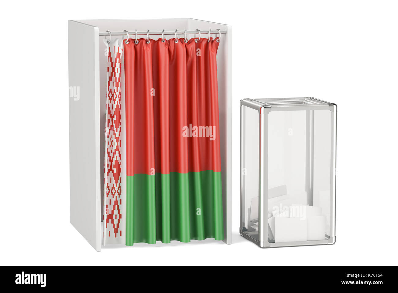 Belorussian election concept, ballot box and voting booths with flag of Belarus, 3D rendering isolated on white background Stock Photo