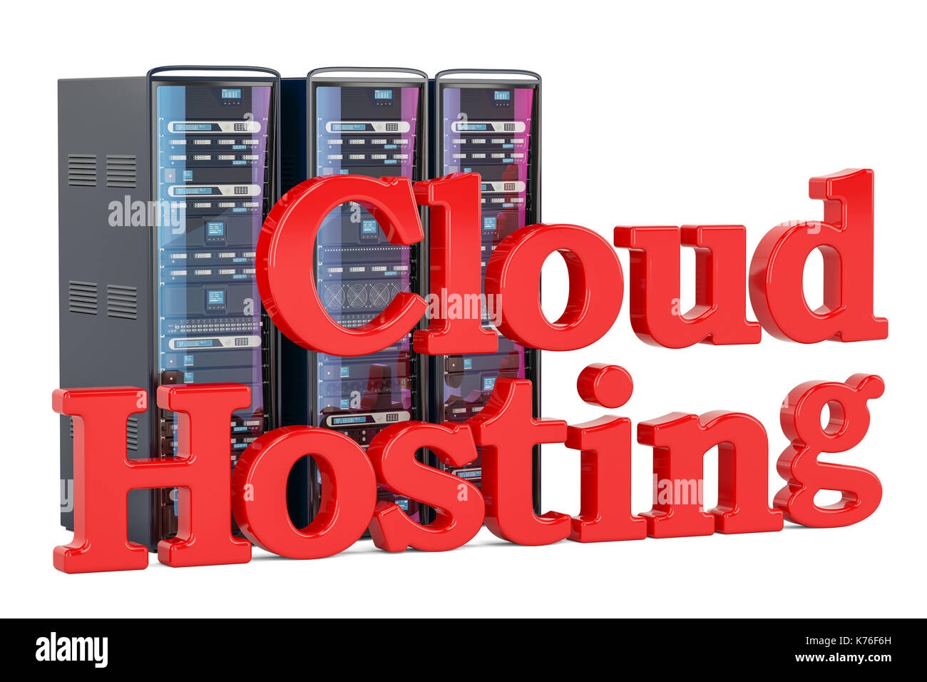 Computer Server Racks, computer cloud hosting concept. 3D rendering isolated on white background Stock Photo