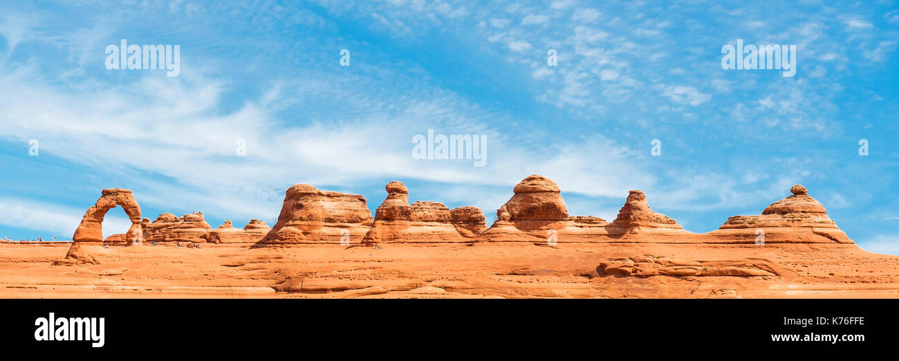 Arches National Park panorama with Delicate Arch, Moab, Utah, USA. Stock Photo