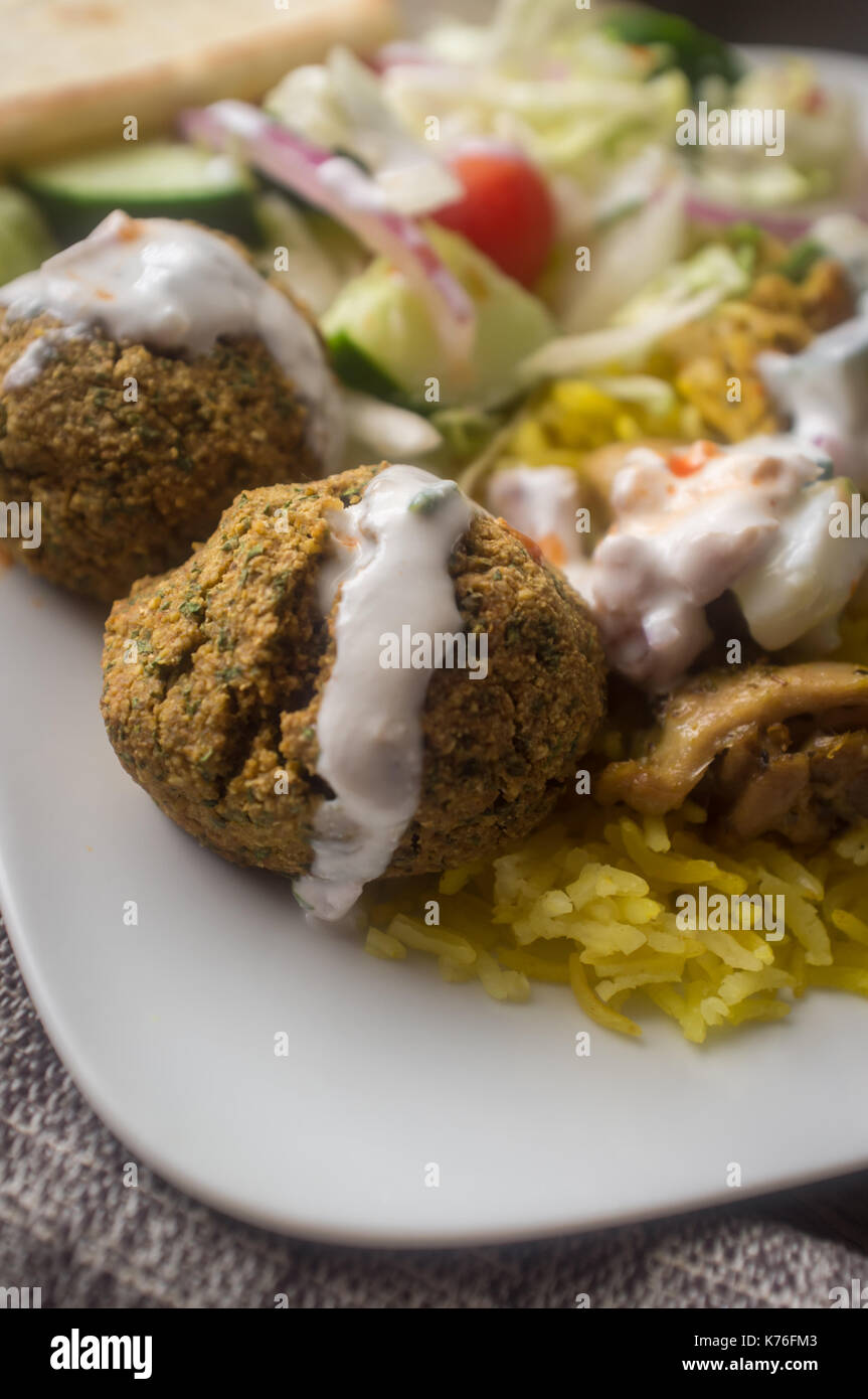 NYC street style Halal chicken and yellow rice with falafel and pita