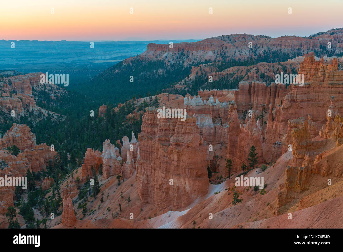 Sunrise with the hoodoo geological formations and forest of Bryce Canyon national park in Utah, USA. Stock Photo