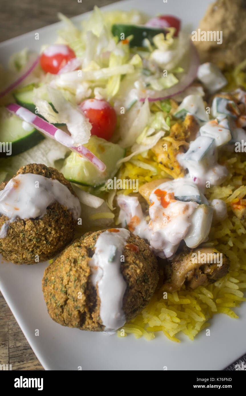 NYC street style Halal chicken and yellow rice with falafel and pita