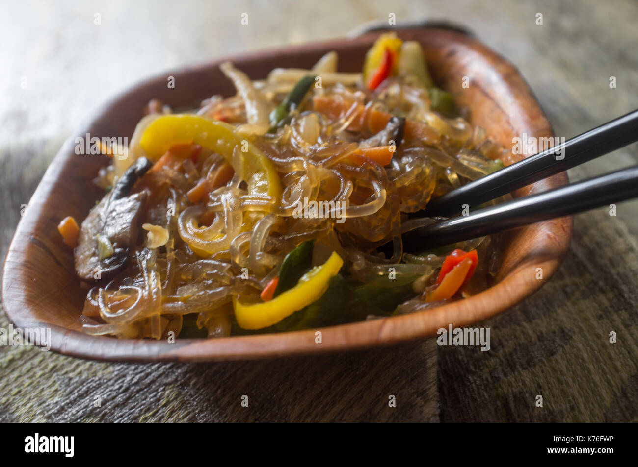 Korean Japchae vegetarian stir fried cellophane noodles with vegetables